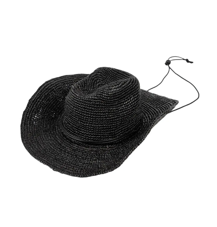 Jessie Raffia Cowboy Hat & Tie- Black