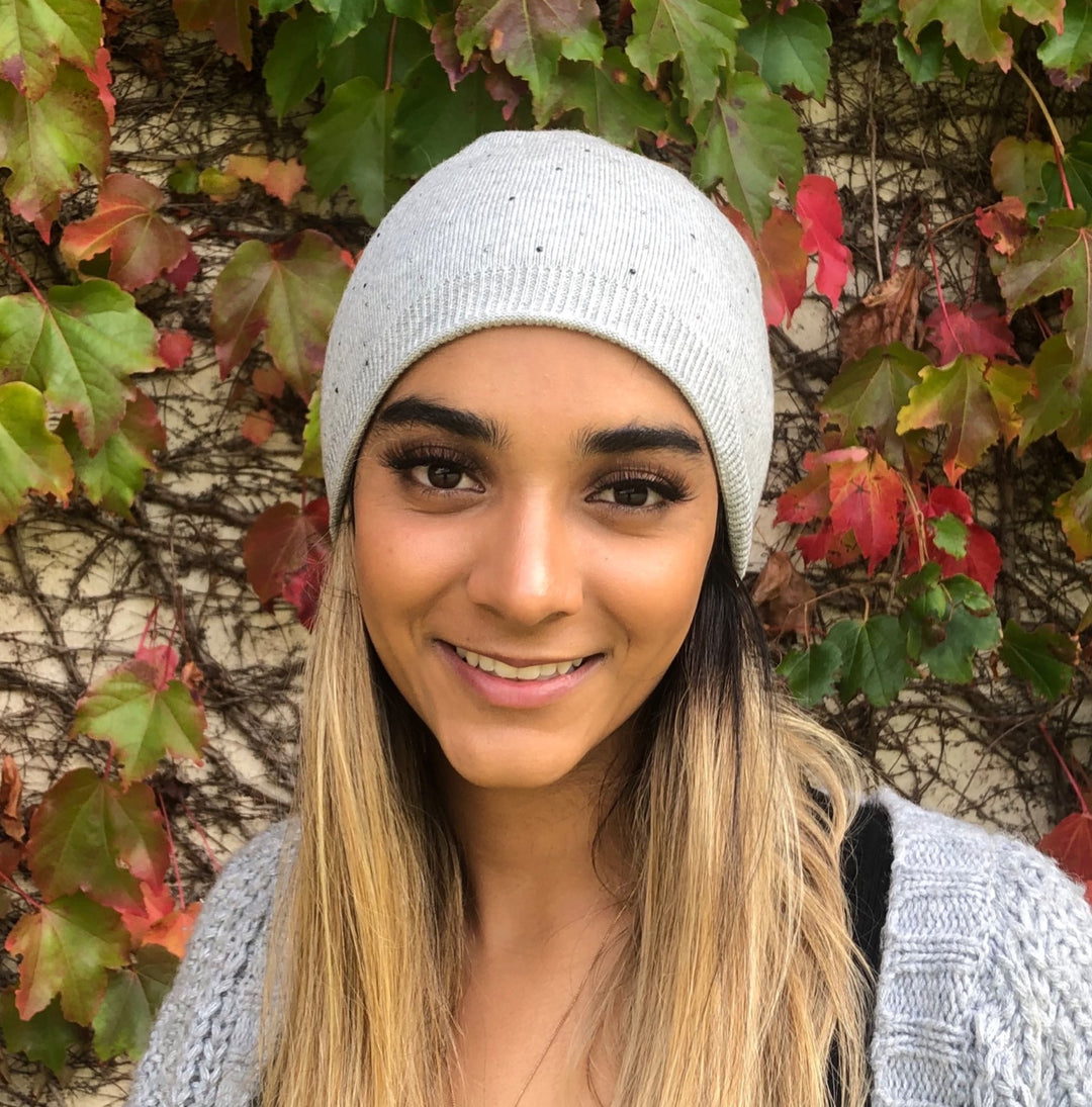 Premium Cashmere Blend Beanie; Crystals- Light Grey