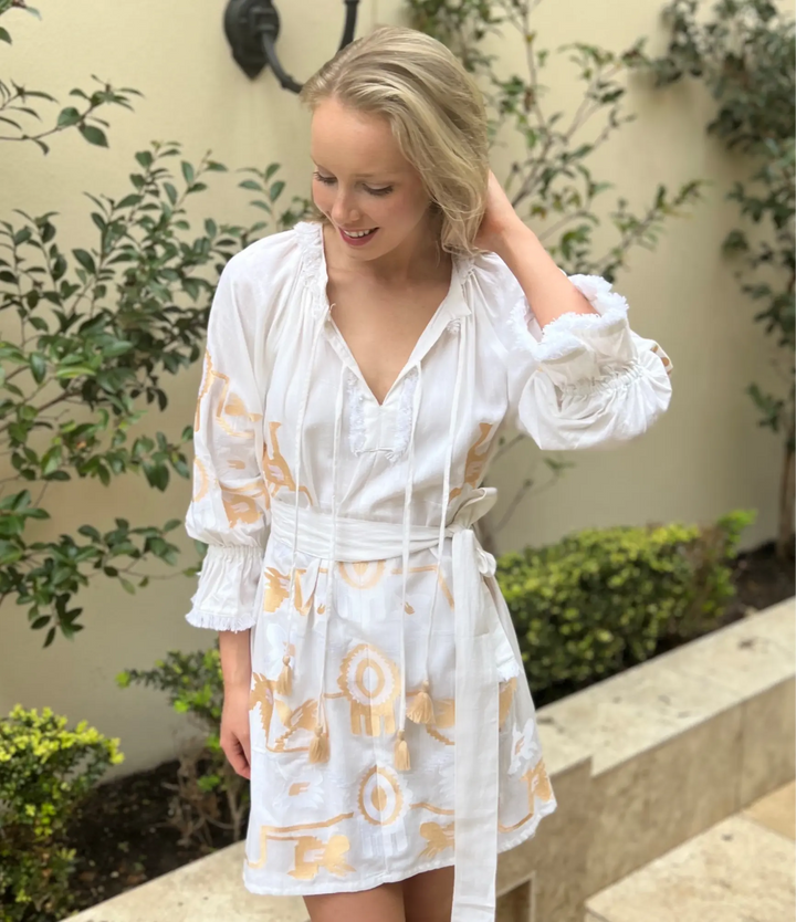 WS 'Aurelie' Dress in Linen with Brushed Gold Embroidery - White & Gold - Hero