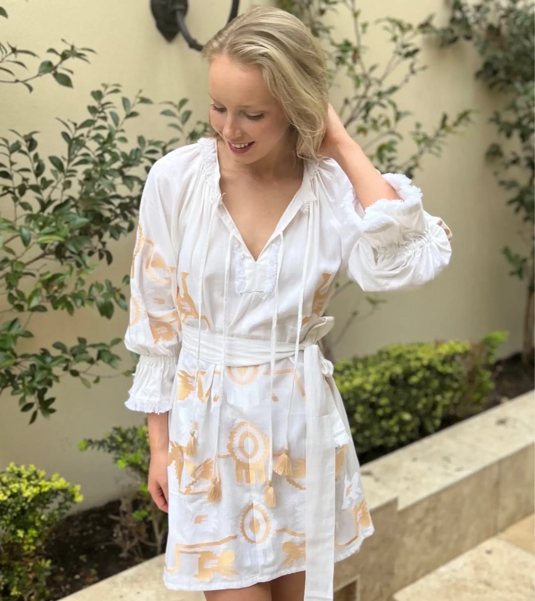 'Aurelie' Dress in linen with brushed Gold & White embroidery