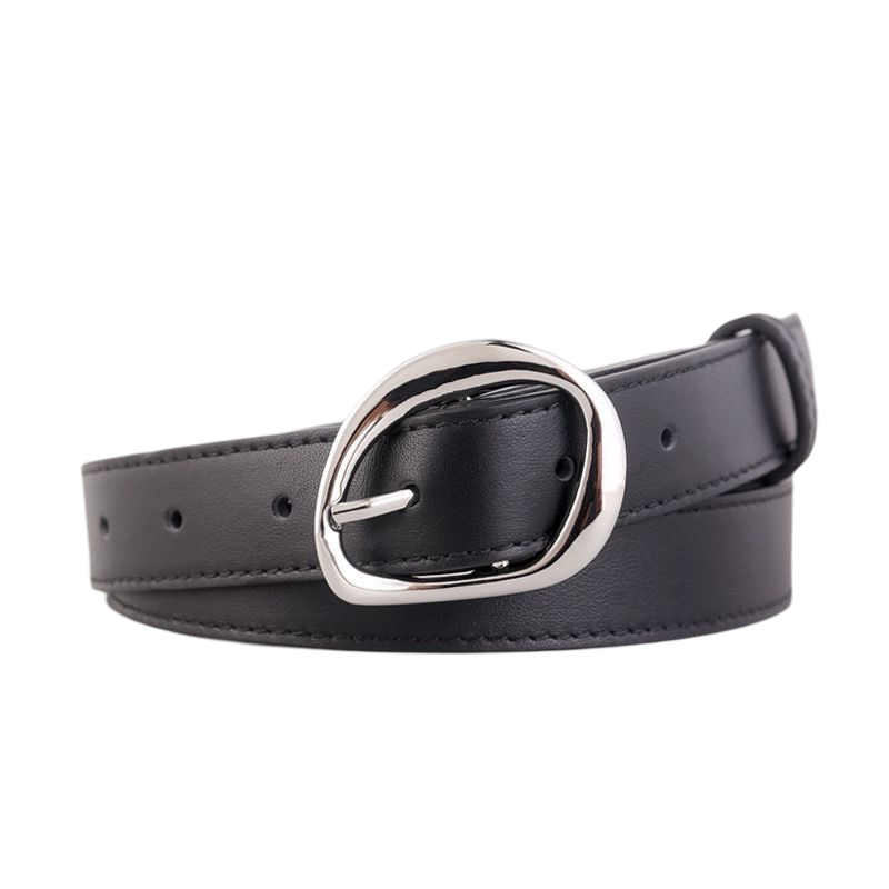 WS Geneva Black Leather Belt Silver 2.5cm