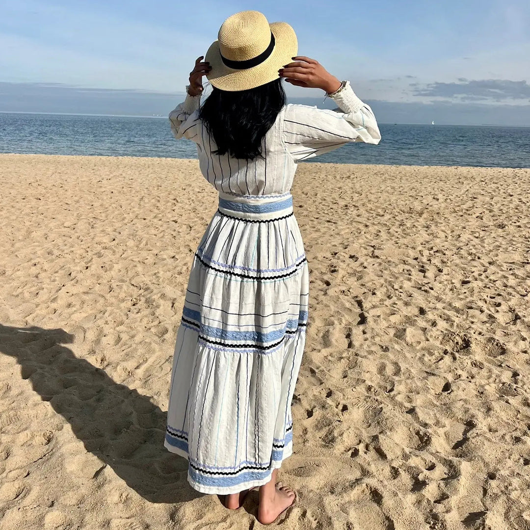 WS - Felicity Linen Embroidered Shirt Dress - White & Multi Blues - Image 2