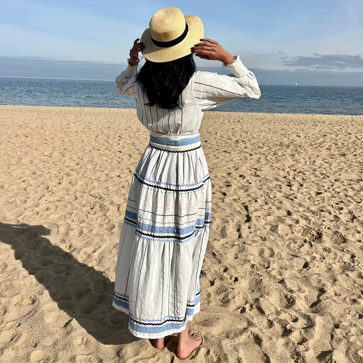 WS - Felicity Linen Embroidered Shirt Dress - White & Multi Blues - Image 2