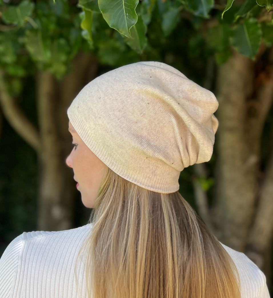 Premium Cashmere Blend Beanie &Crystals - off white