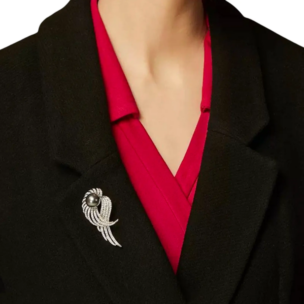 WS Brooch-  Met Crystal & Grey Pearl Brooch