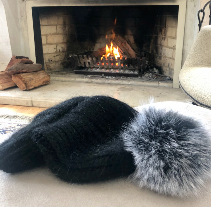 70 % Angora Beanie - Black & Black Luxe Pom Pom