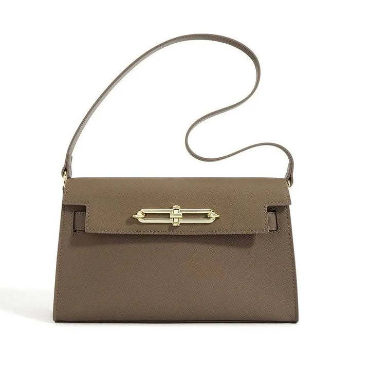 Brown handbag with a gold clasp on a white background
