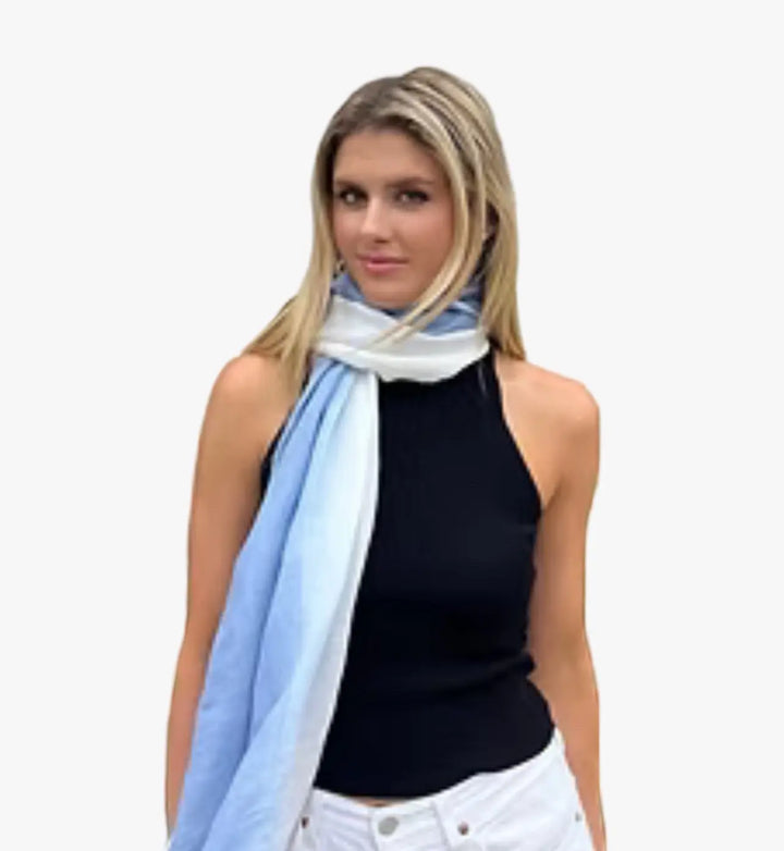 Linen Handwoven Ombre Scarf in Cerulean Blue/White