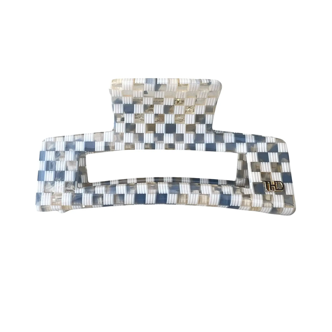 Large Acetate Rectangular Hair Claw in Blue/ White Paros