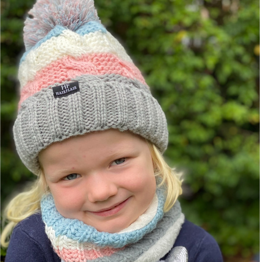 KIDS Beanie & Scarf - Stripe Pink 3-10yr