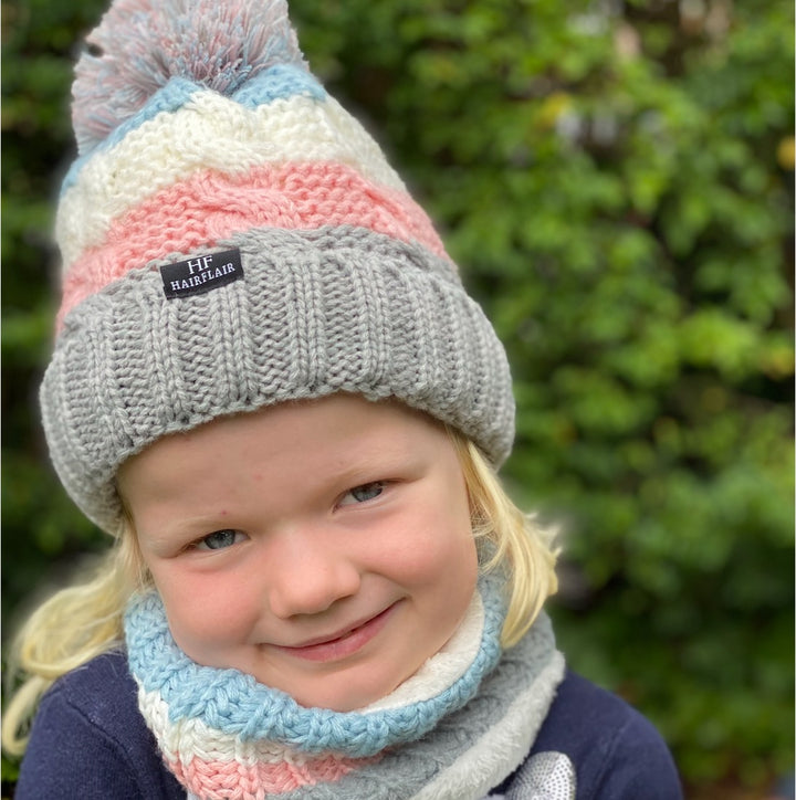 KIDS Beanie & Scarf - Stripe Pink 3-10yr