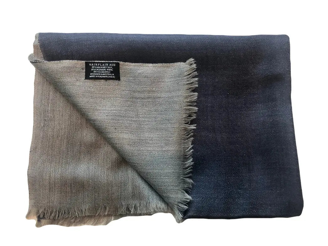 Scarf - Cashmere/ Mulberry Silk Scarf in Navy & Light Grey