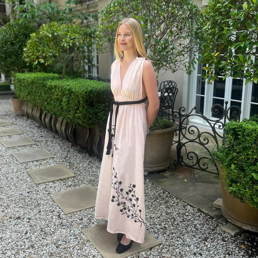 Georgina Linen embroidered Halter Dress - Pink & Black