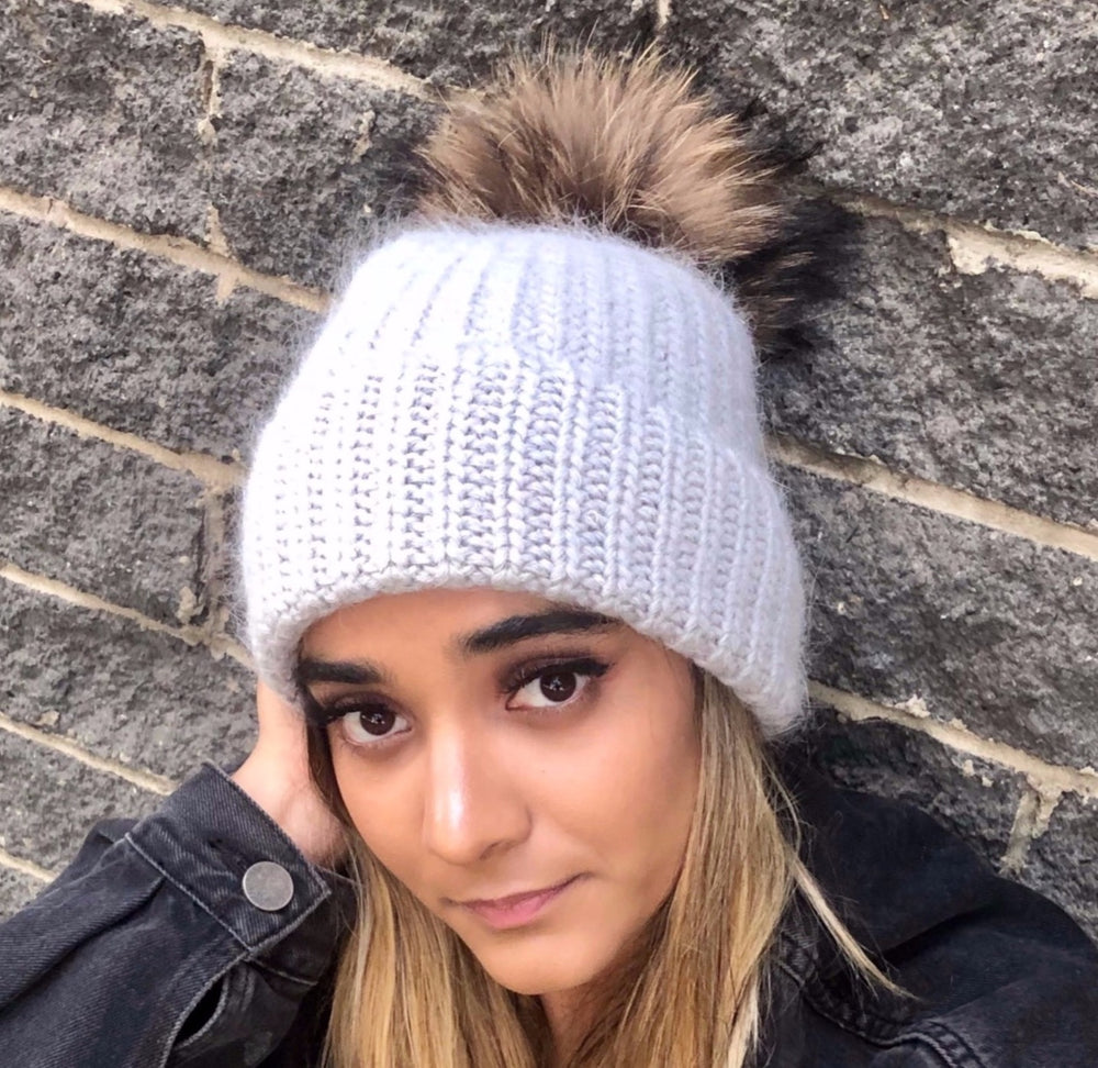 70 % Angora Beanie &- Grey & Luxe Pom pom