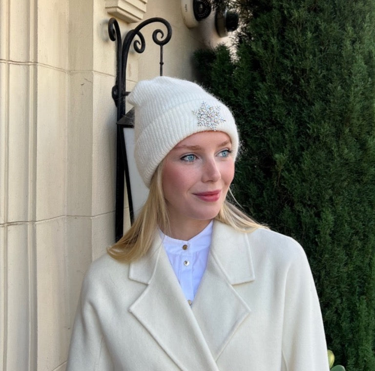 Angora Blend Beanie with SnowFlake- White