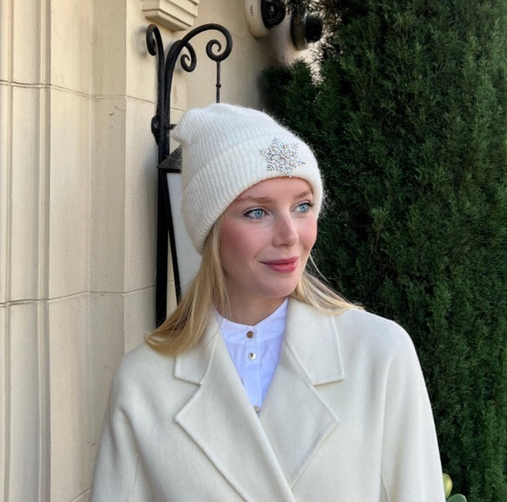 Angora Blend Beanie with SnowFlake- White