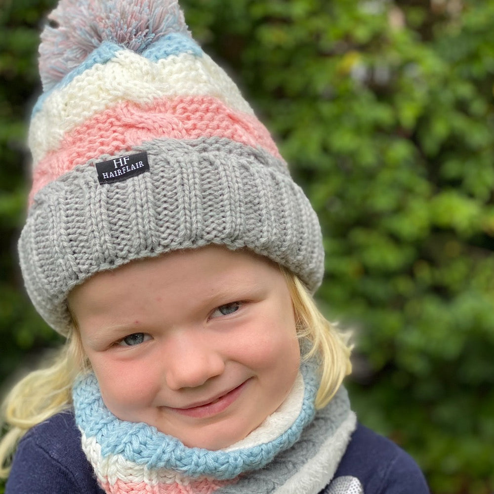 WS - KIDS Beanie &  Scarf - Stripe Pink 3-10yr