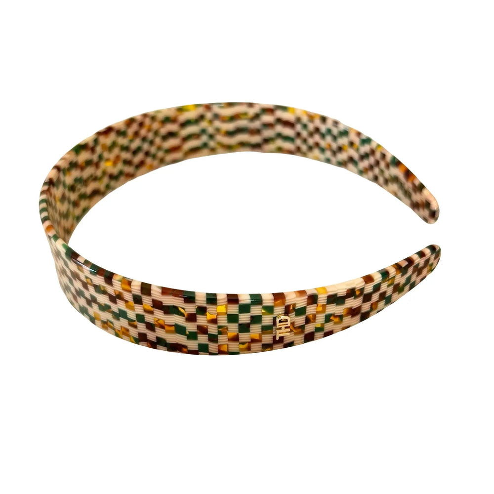 Acetate Headband -2.5cm Gold green white check