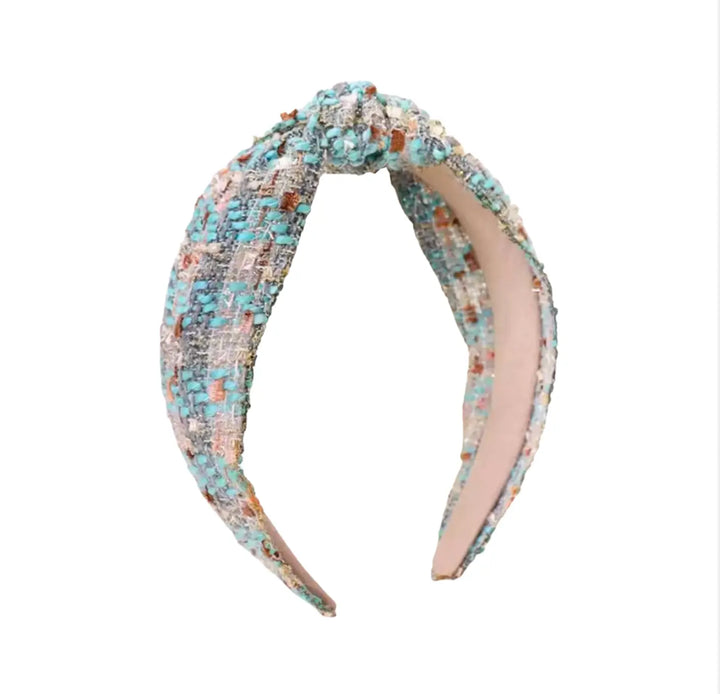 Plaid Knotted Headband - Blue/Grey