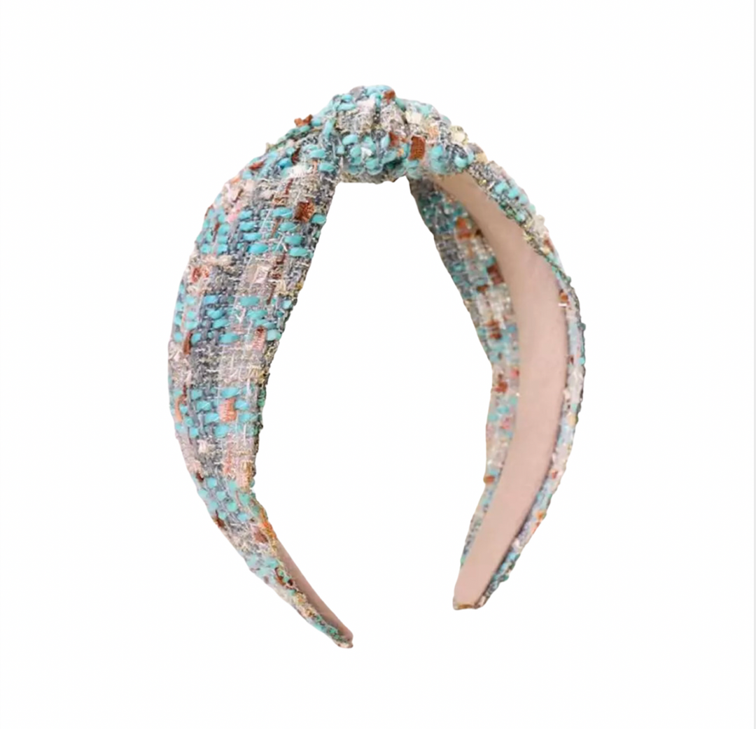 WS - Plaid Knotted Headband - Blue/Grey