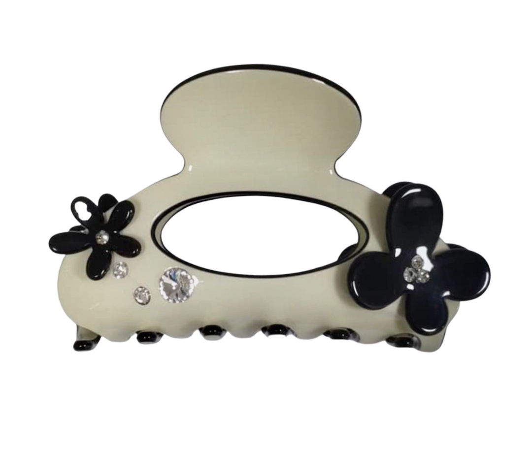 Premium Acetate Large Hairclaw with Swarovski Crystal&Flowers -Ivory