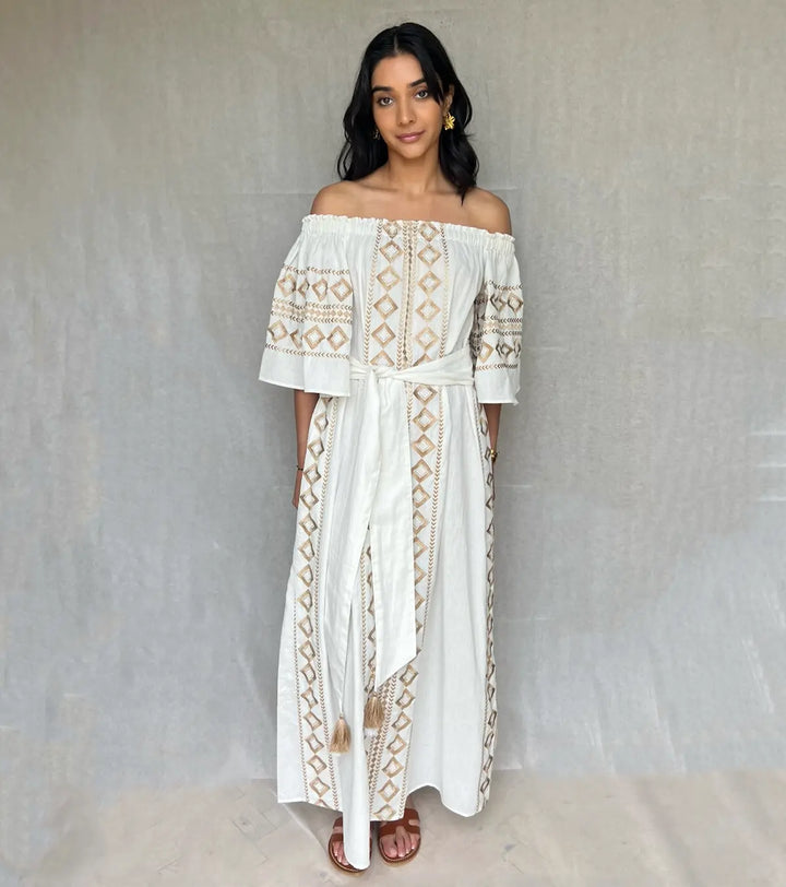 Olympia Off- shoulder Linen embroidered Dress
