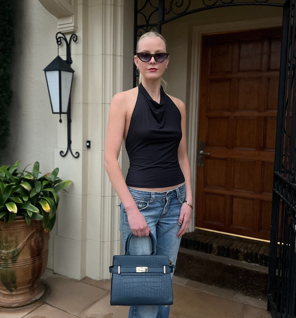 WS Alexandra Medium Cowhide Croc Tote Bag - Blue