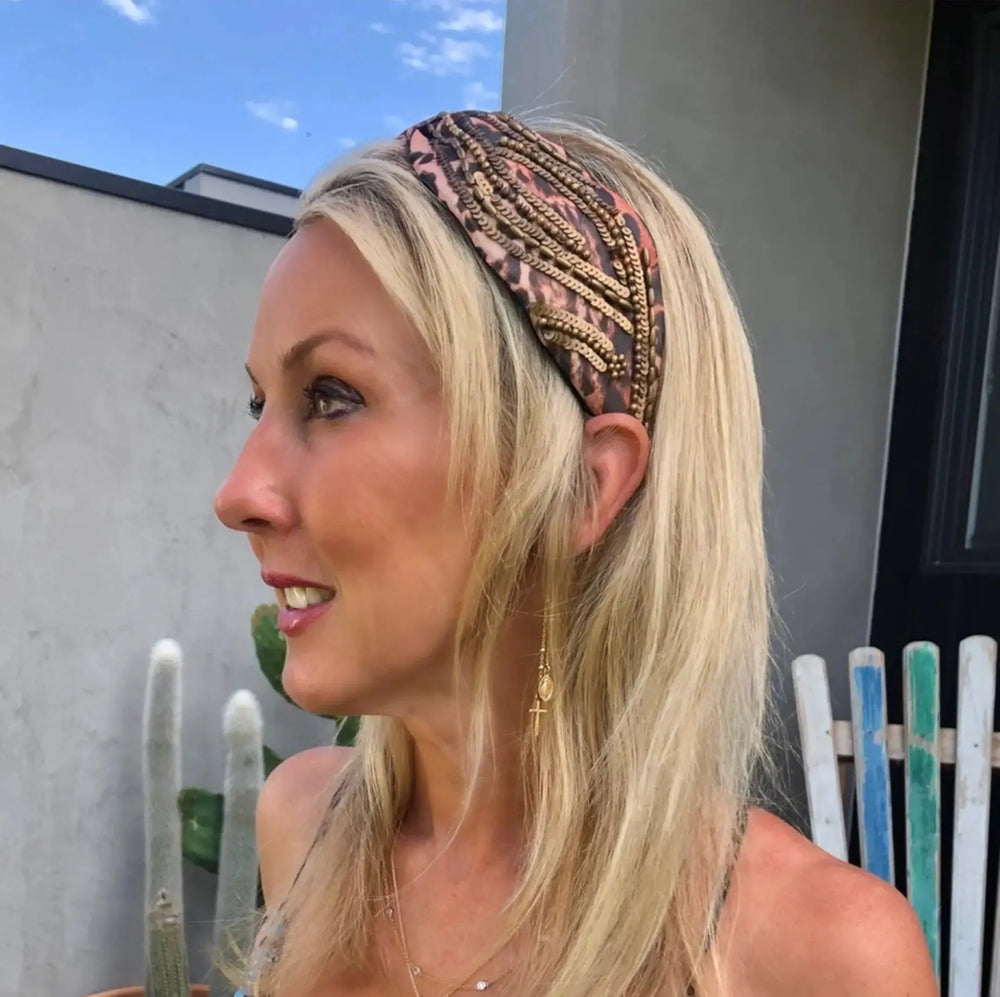Headband - Sophia - Handbeaded Satin Structured headband in Leopard