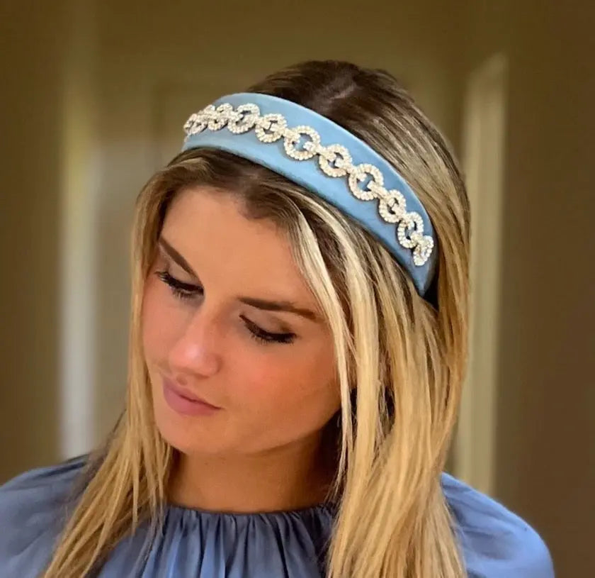 Embellished Chain Chanel look Headband on Blue Velvet