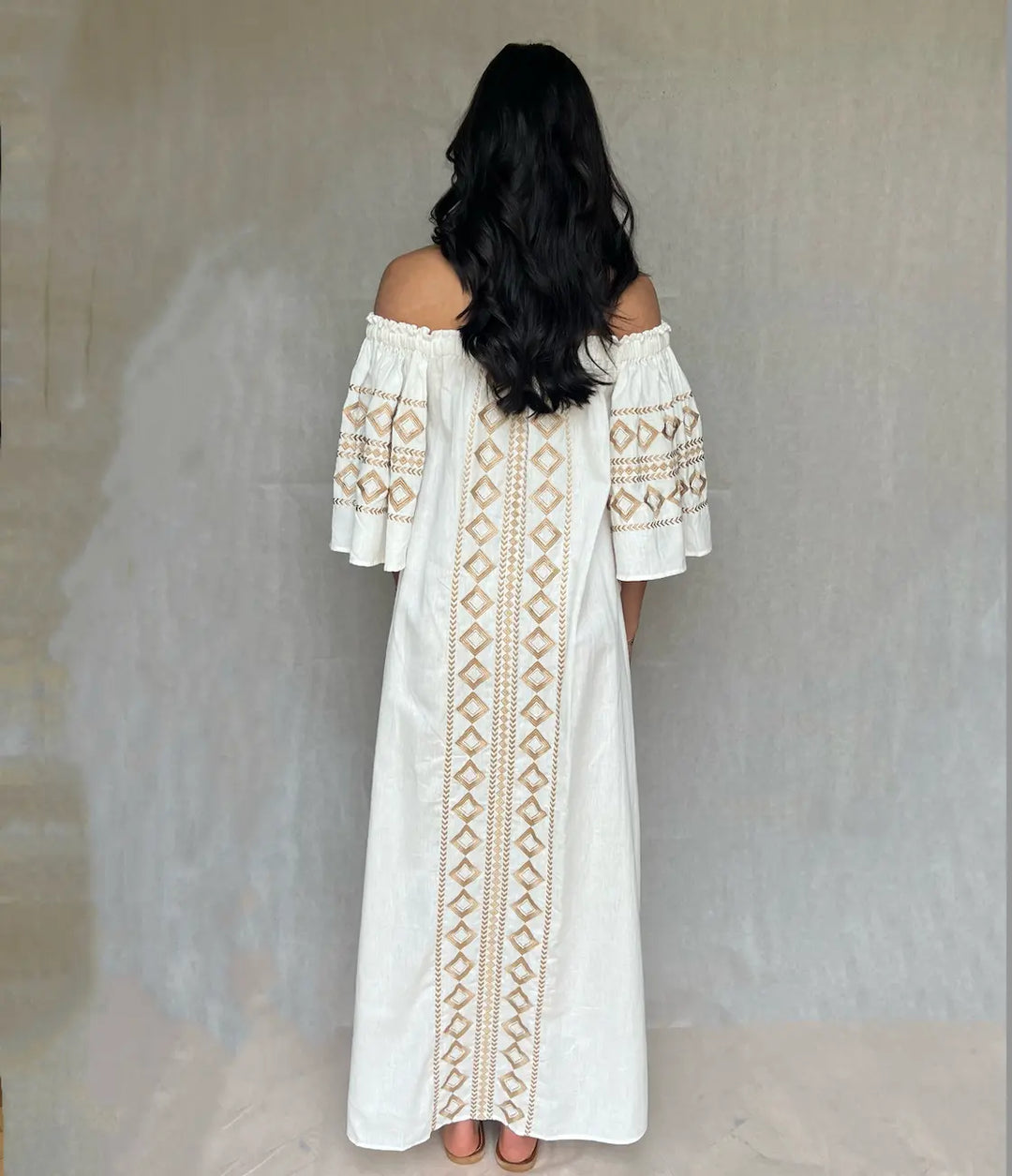 Olympia Off- shoulder Linen embroidered Dress