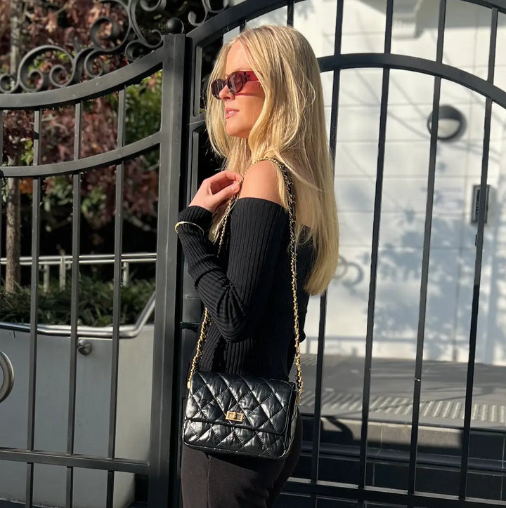 Francine Quilted Leather Shoulder Bag - Black