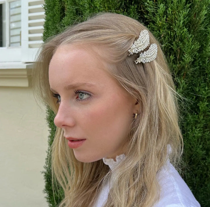 WS - Hair pins - Silver Leaf with Crystals - Silver - Image 1