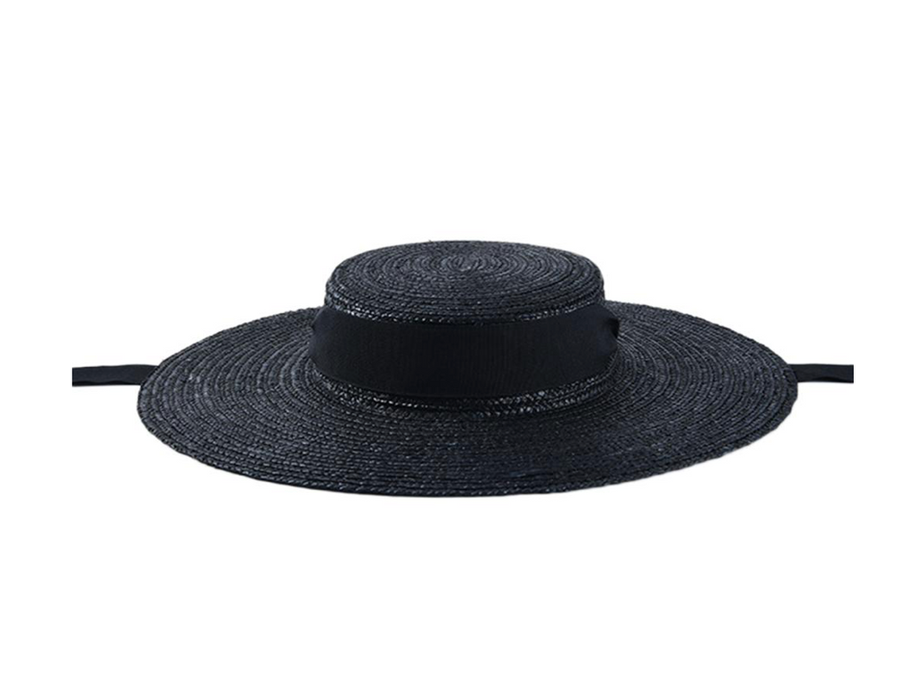 100% Wheat Straw Black Wide Brim Tie Hat - Black