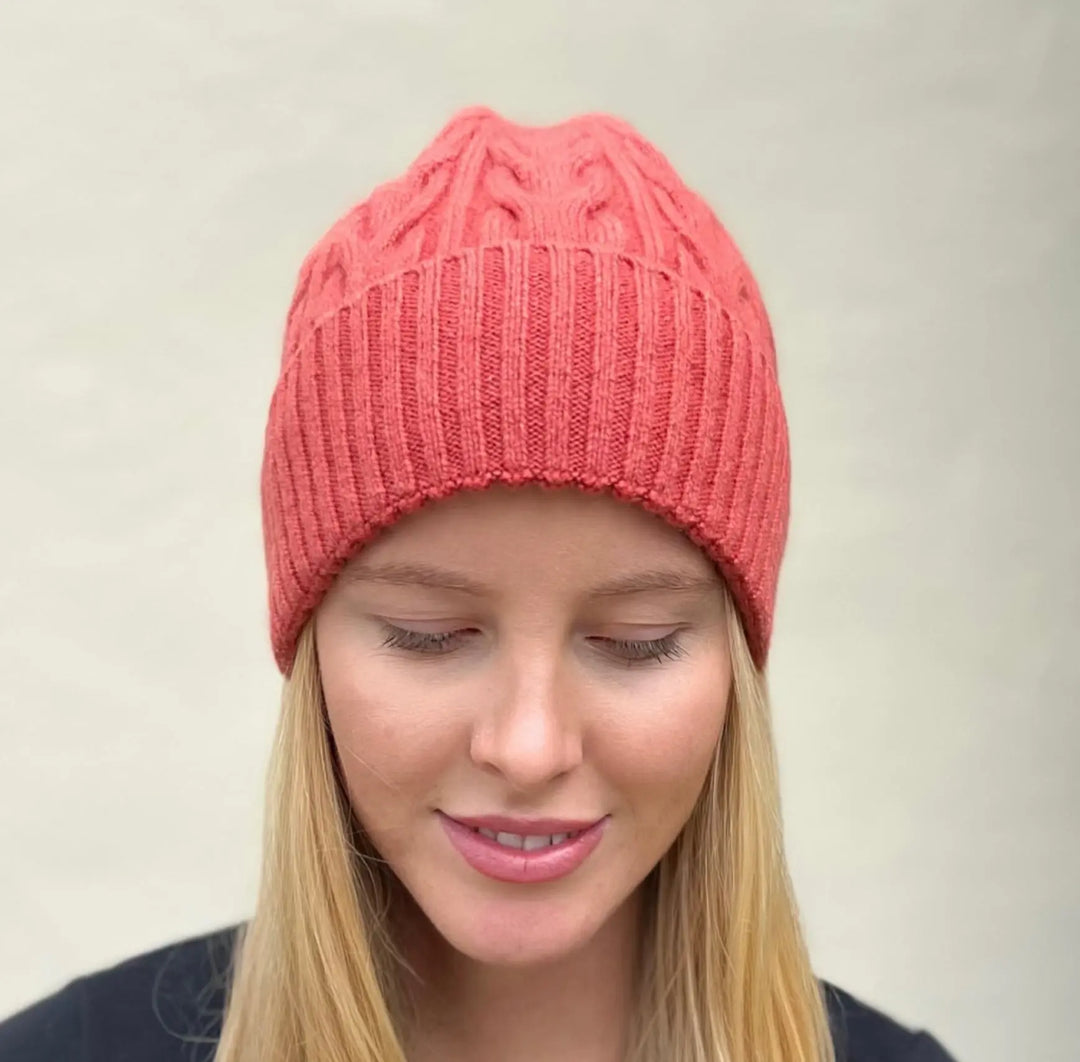 WS- Cable wool knitted beanie - Coral