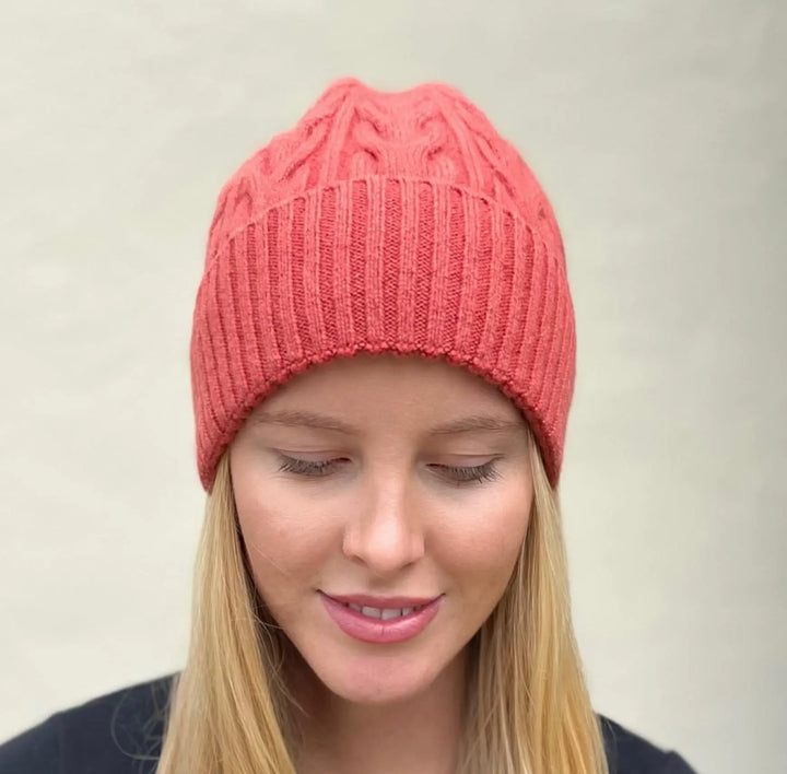WS- Cable wool knitted beanie - Coral