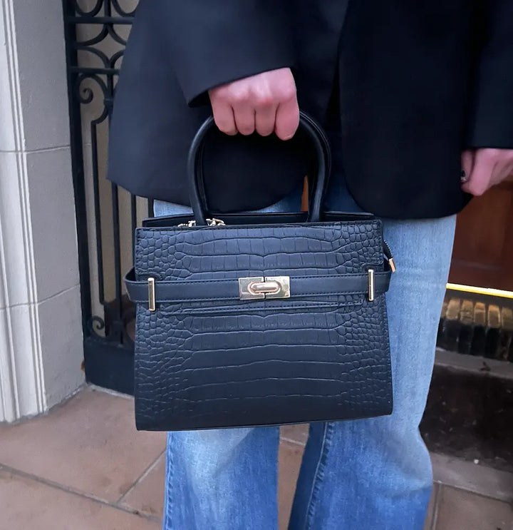 Alexandra Medium Cowhide Croc Tote Bag - Blue