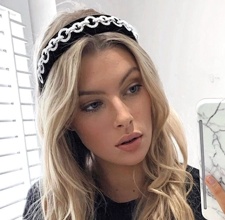 WS - Embellished Chain Chanel look Headband on Black Velvet 746935191023