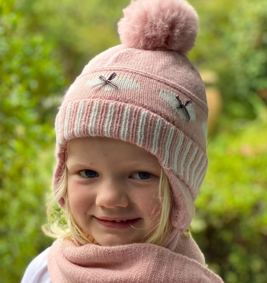 WS - KIDS Beanie knitted Pink & White Hearts & Scarf - 6m-6yrs