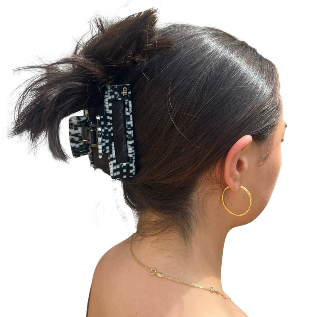 WS Cellulose Acetate Rectangle Hair Claw Large Check - Monochrome - Image 1