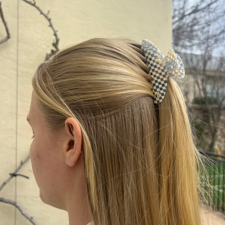 Large Acetate Hair Claw Blue/white check Paros