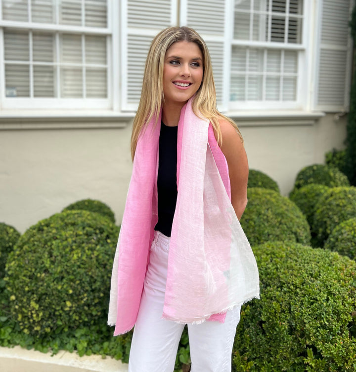 Linen Handwoven Ombre Scarf in PirouettePink/White