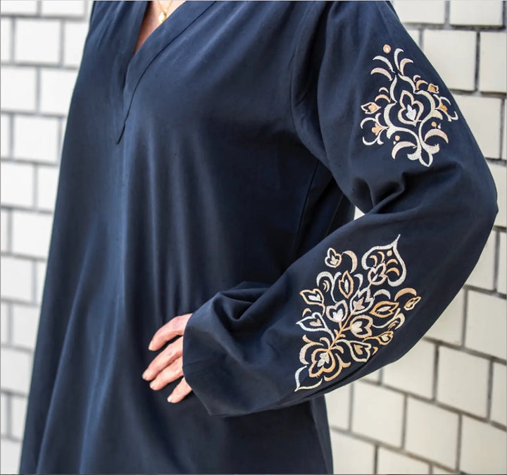 Persephone Linen Navy & Gold Embroidered Dress