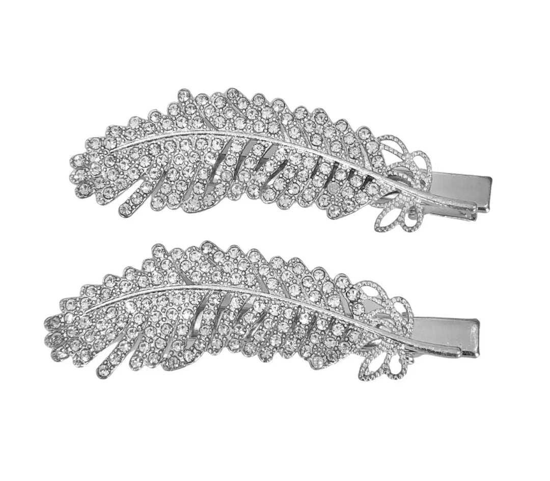 Hairpins - Silver Leaf with Crystals