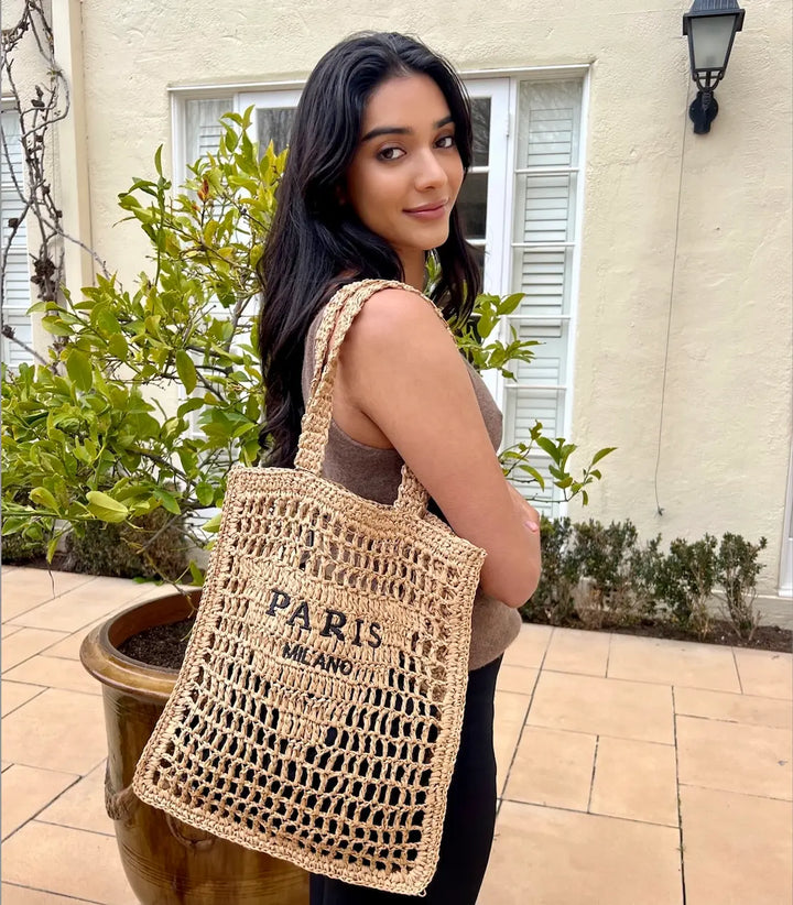 WS Paris Milano Crotchet Straw Tote Bag - Golden