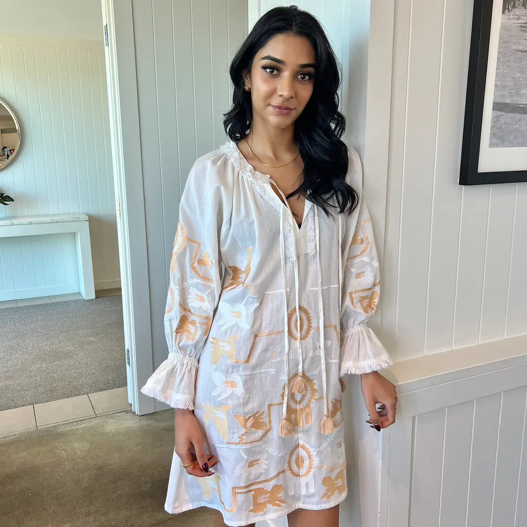 'Aurelie' Dress in linen with brushed Gold & White embroidery