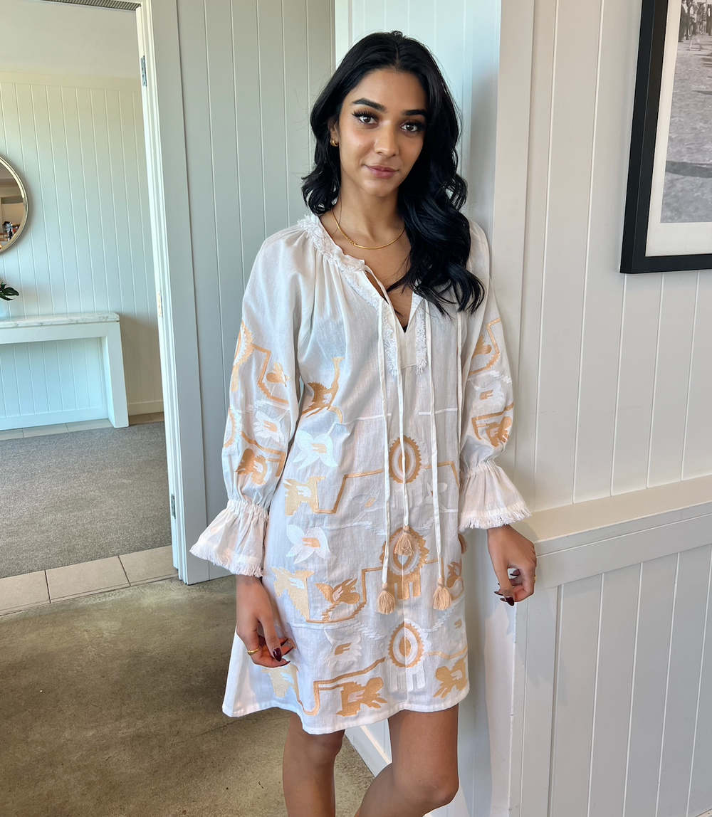 WS 'Aurelie' Dress in linen with Brushed Gold embroidery