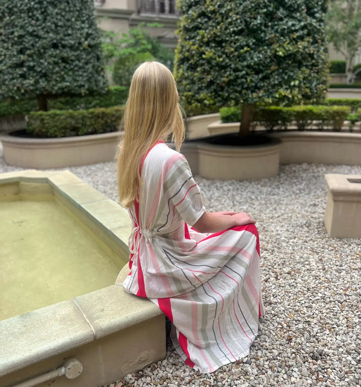 Jasmine Tailored Linen embroidered Dress - Magenta, Pink & Green