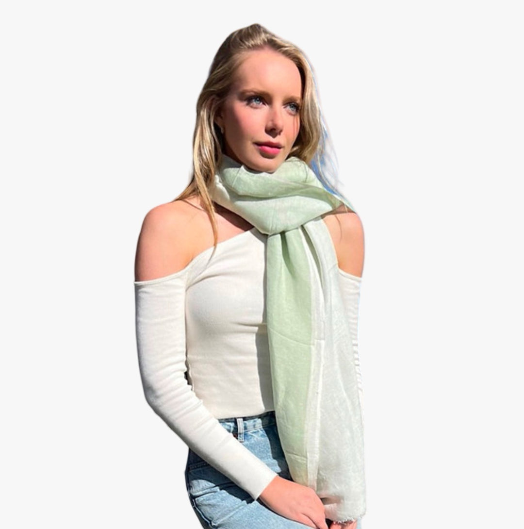 WS - Linen Handwoven Ombre Scarf - Green Ash/White 754523535746