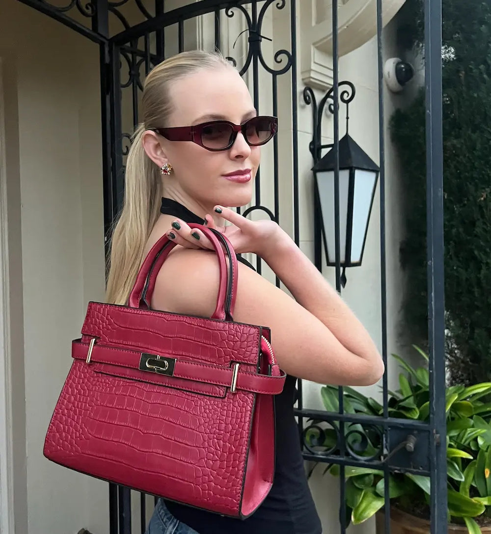 Alexandra Medium Cowhide Croc Tote Bag - Burgundy