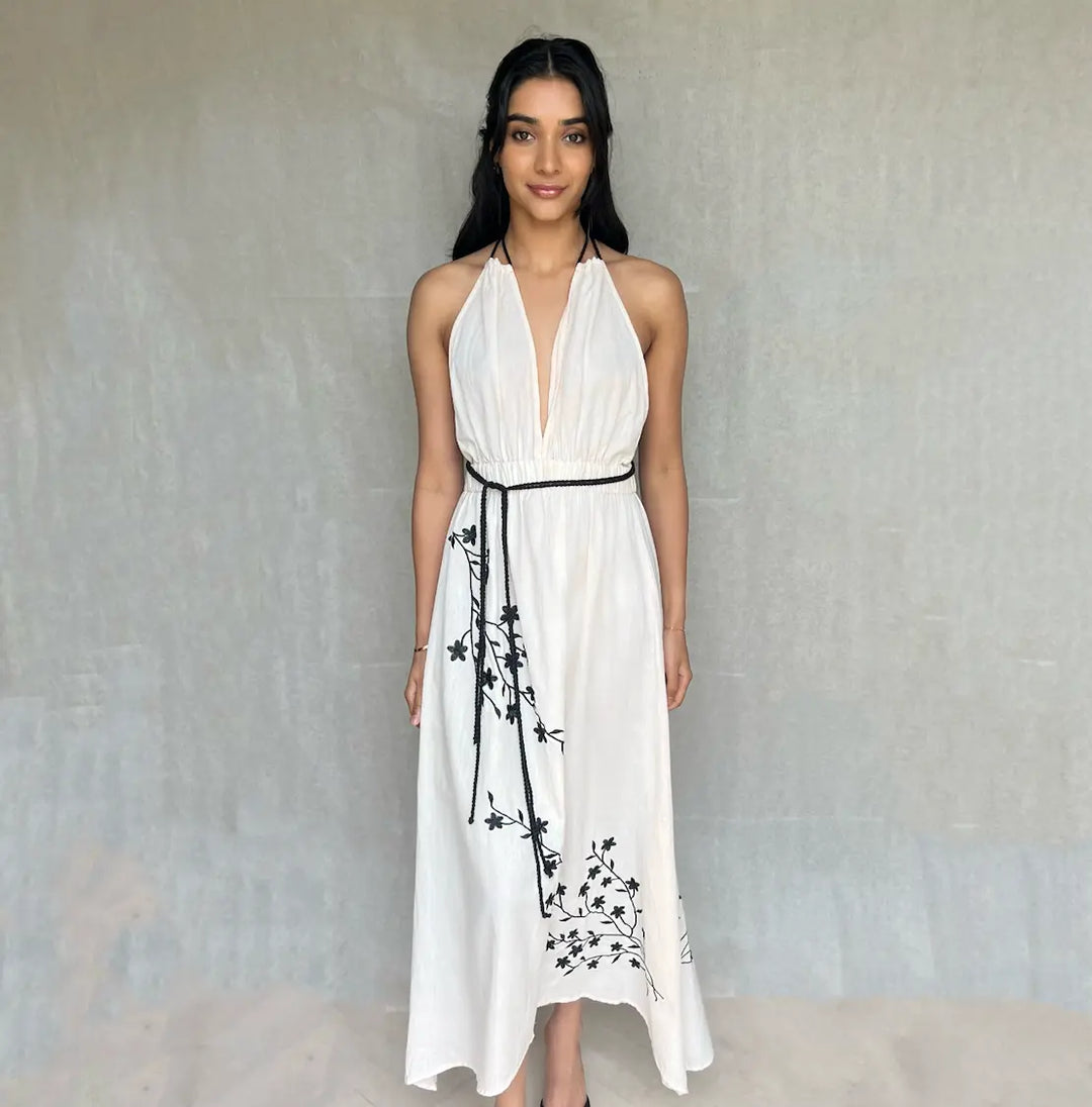 WS Georgina Linen embroidered Halter Dress - Pink & Black